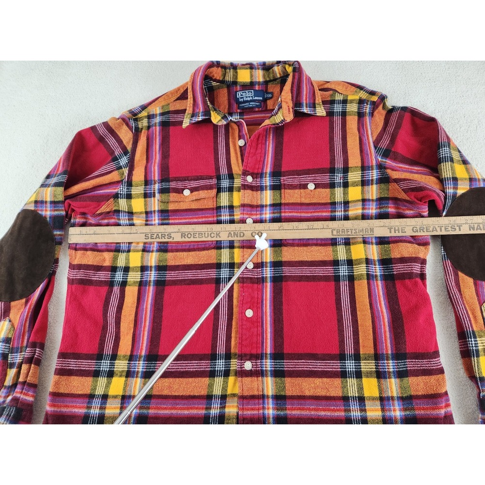 Mens Polo by Ralph Lauren 90s Dungaree Workshirt Flannel Red XXL Elbow Patch - Picture 5 of 6